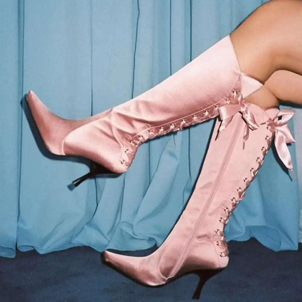 AIERTU  - Glam-Chic Design Blush Satin Pointed-Toe Knee-High Boots Lace-Up Bow Detail Elegant Stiletto Heel Romantic Soft Style Lady Boots Aiertu