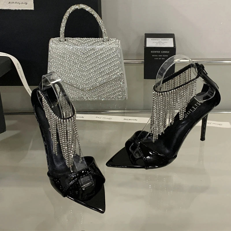 AIERTU  -  Sexy Rhinestore Tassel Super High Heel Sandals Women Summer 2026 Black Pointed Toe Sandals Luxury Stiletto Nightclub Shoes Mujer Aiertu