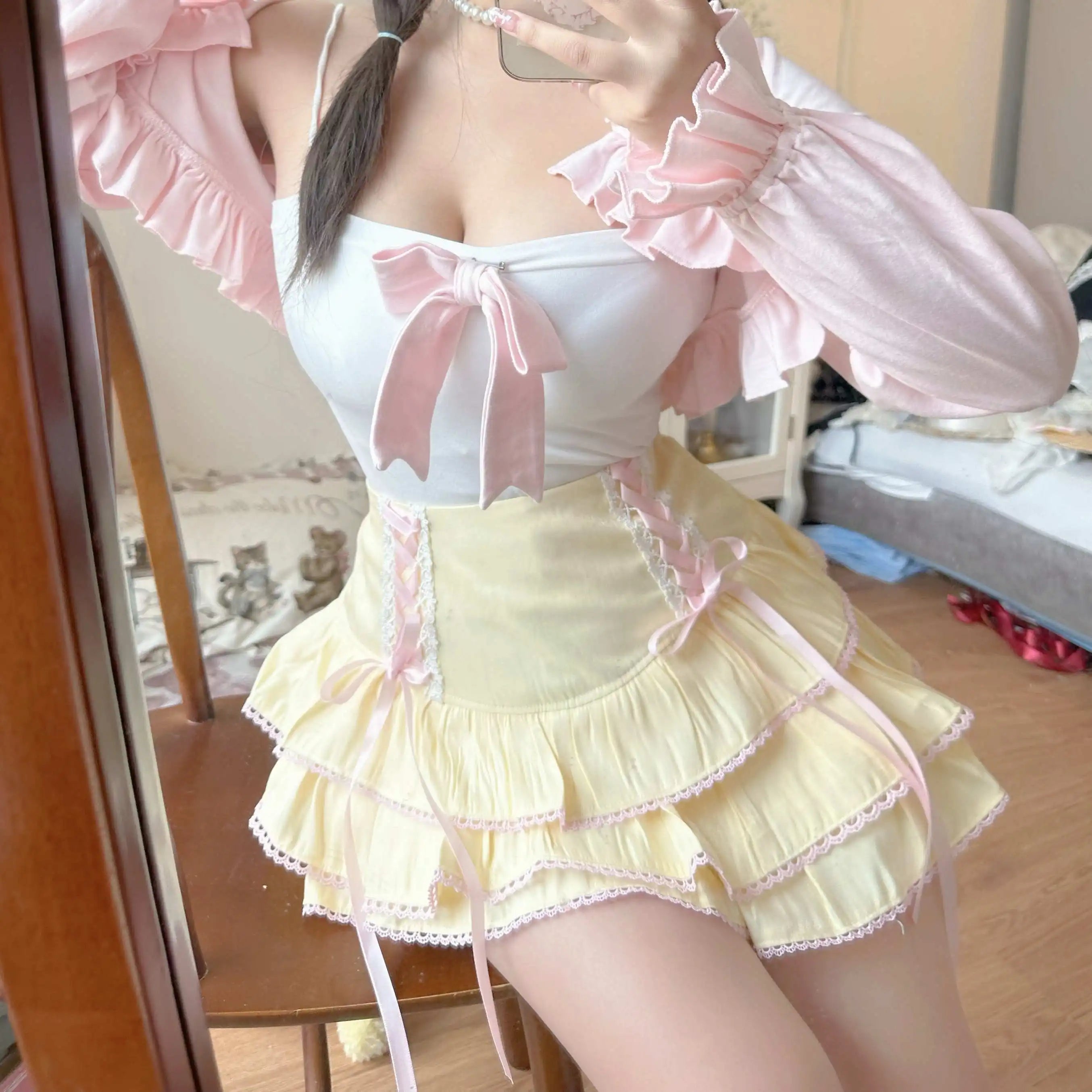 Lolita Tiered Mini Skirt Women Skorts Kawaii Layered Ruffle High Waist Lace Up A Line Cute Skirts for Teen Girls Aiertu