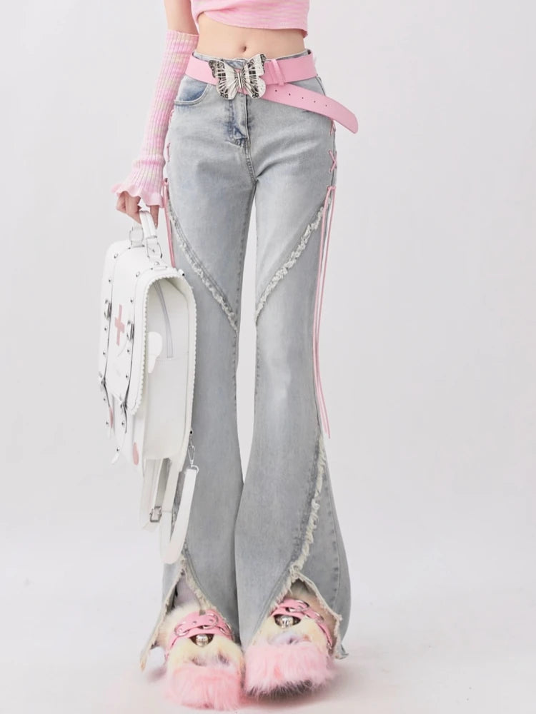 Aiertu Summer Denim Vintage Sweet Pants Women Slim Lace-up Korean Casual Flare Pants Female Japanese France Elegant Open Fork Jeans New Aiertu
