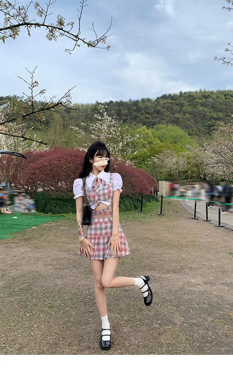 Aiertu Summer Sexy Two Piece Skirt Set Women Patchwork Plaid Korean Fashion Skirt Suit Female Casual Japanese Party Mini Skirt Set 2024 Aiertu