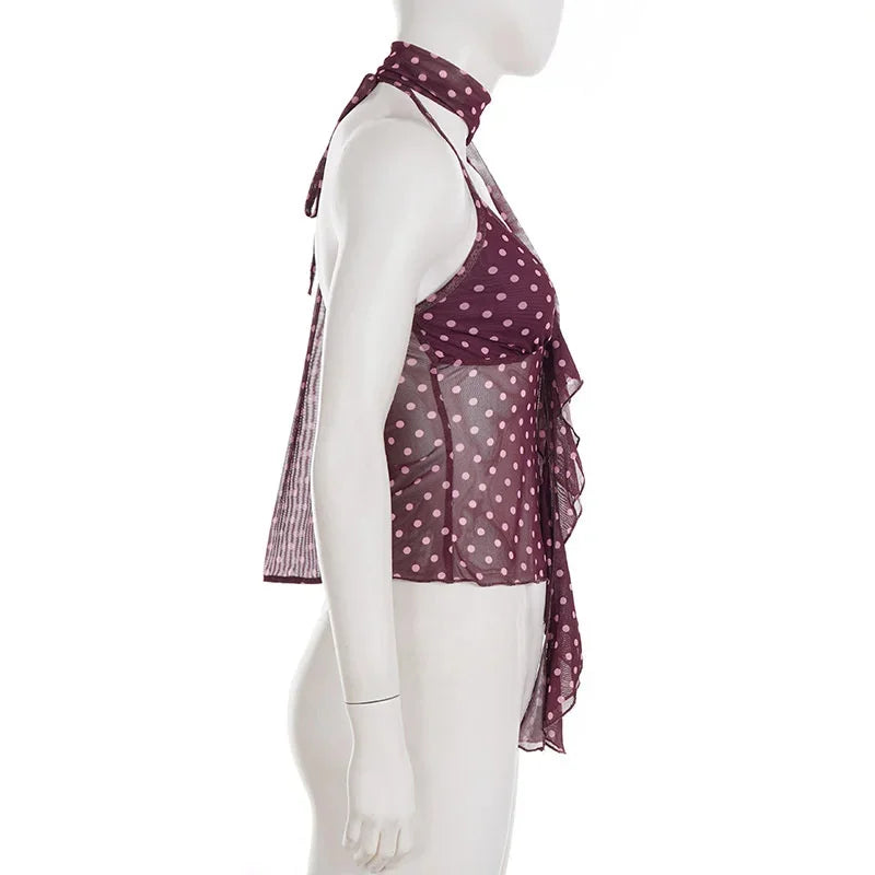 AIERTU  -  Vintage Polka Dot Lettuce Edge Aline Halter Tie Cami Mesh Splice Sleeveless Top For Women Party Date Night Romantic Birthday Aiertu