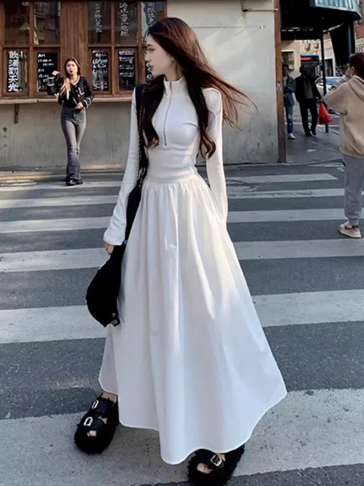 Aiertu 2024 Autumn Korean Style Zip White Dress Women Kpop Wrap Long Sleeve Long Dresses Streetwear Solid Simple Ladies Chic Aiertu