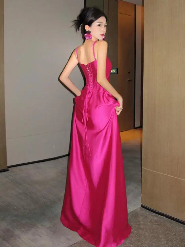 Aiertu Summer Rose Red Elegant Spaghetti Strap Women Bandage Long Dress Sexy Vintage Prom Evening Party Dress Fashion Vestidos Robe New Aiertu