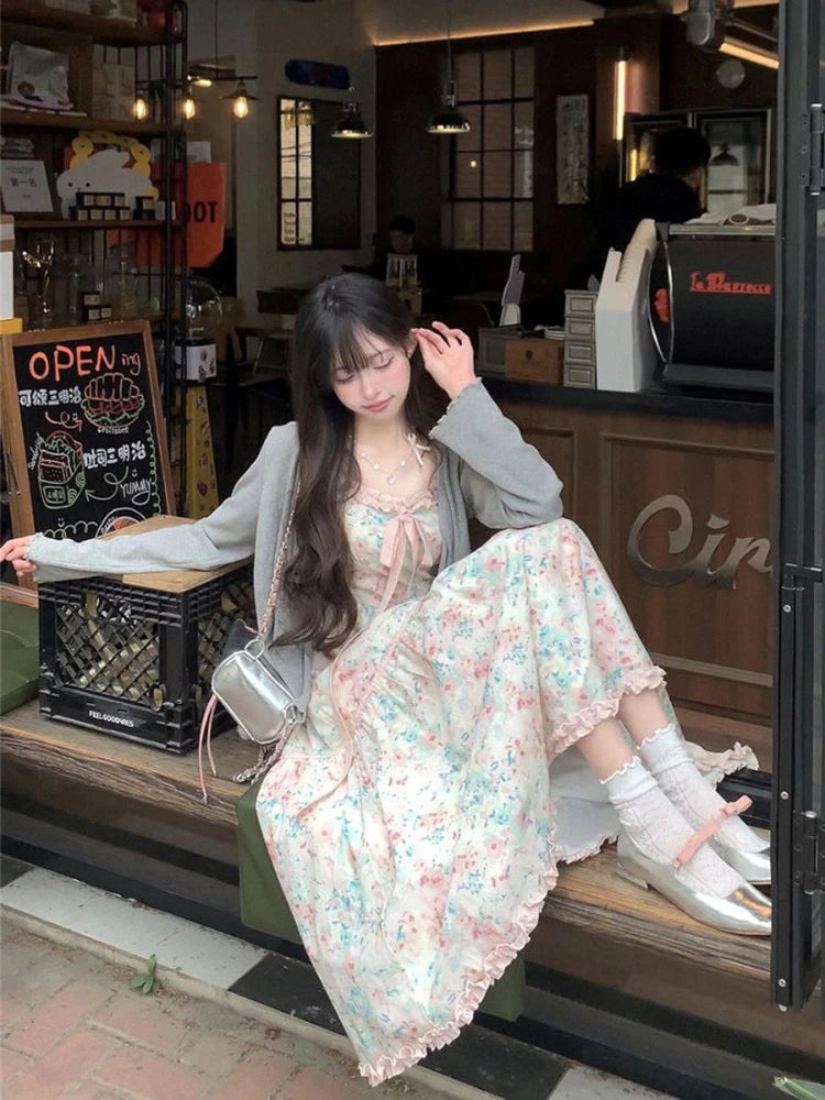 Aiertu 2024 Summer New Japanese Kawaii Y2k Midi Dress Women Casual Sweet Bow Splicing Flower Print Dress Korean Fashion Evening Party Aiertu