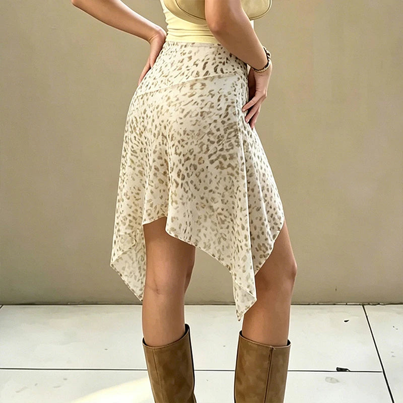OMSJ High Waist Leopard Printed Asymmetric Hem Midi Skirts Summer Holiday Casual Sexy Women's Slimming Skirts Bottom Aiertu