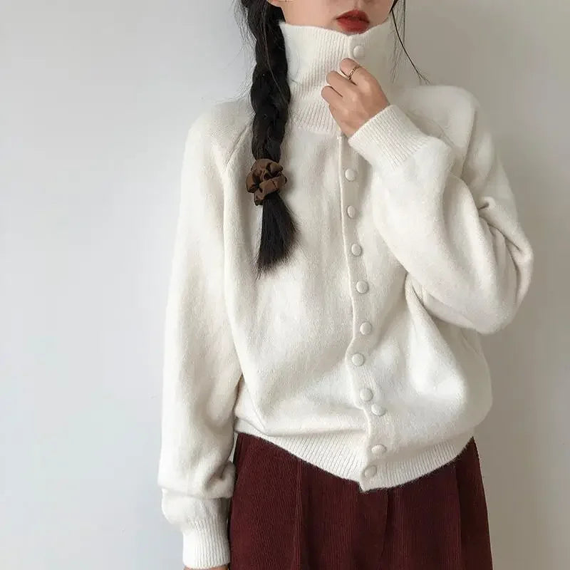 AIERTU  -  Women's High Neck Knit Cardigan Autumn Solid Color Single Breasted Sweater Outerwear Woman Soft Cashmere Knitwear Aiertu
