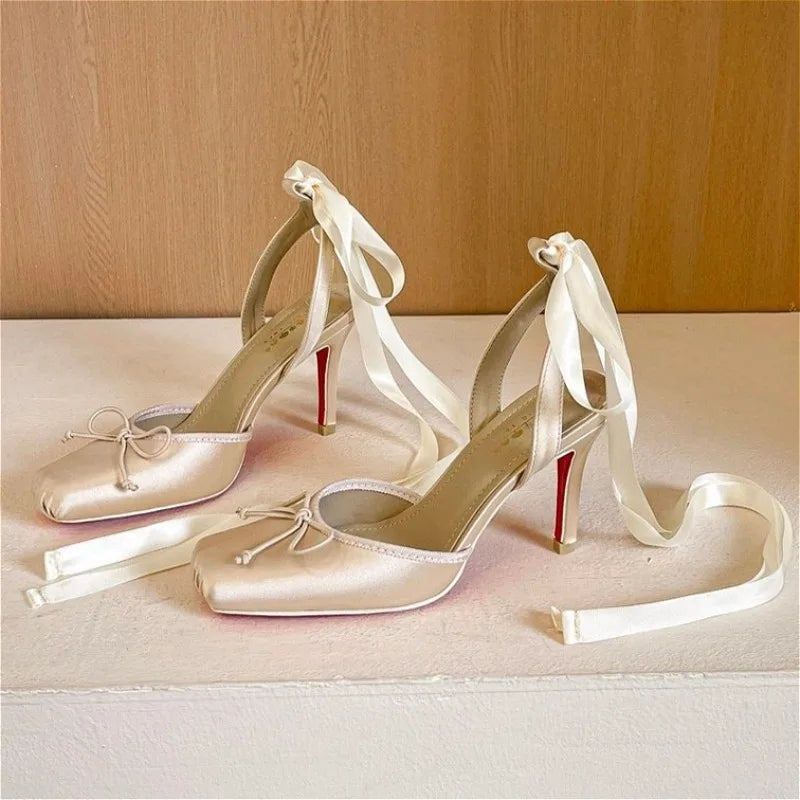 AIERTU  -  Satin Ankle Strap Ballet Style High Heels Women Square Toe Pumps Stiletto Heels Party Shoes Mules Elegant Designer Women Sandals Aiertu