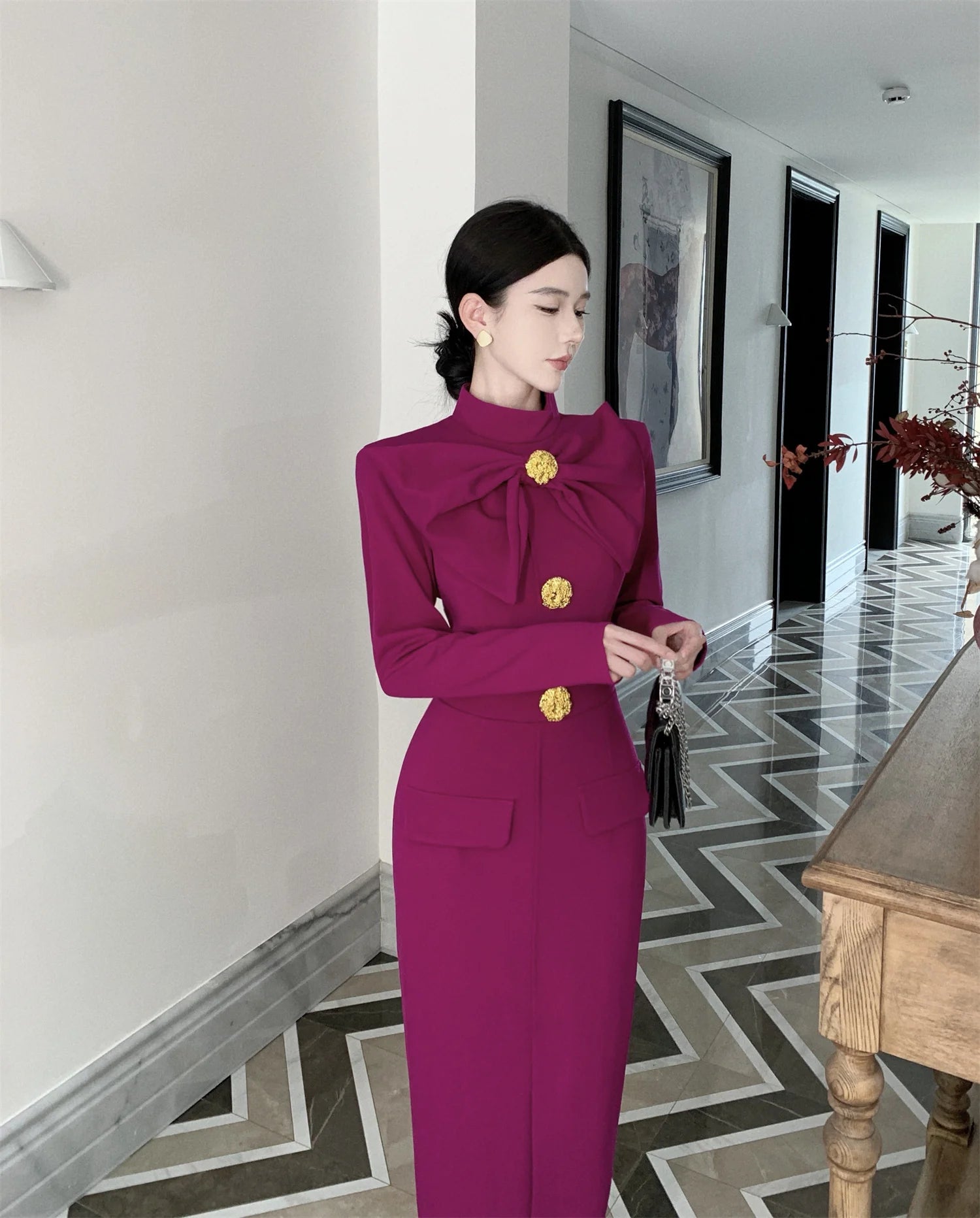 Aiertu Korea Retro Elegant Bow Stand Collar Single Breasted Dress A-line Long Sleeve Casual High Waist Dress Women Spring Autumn Dress Aiertu