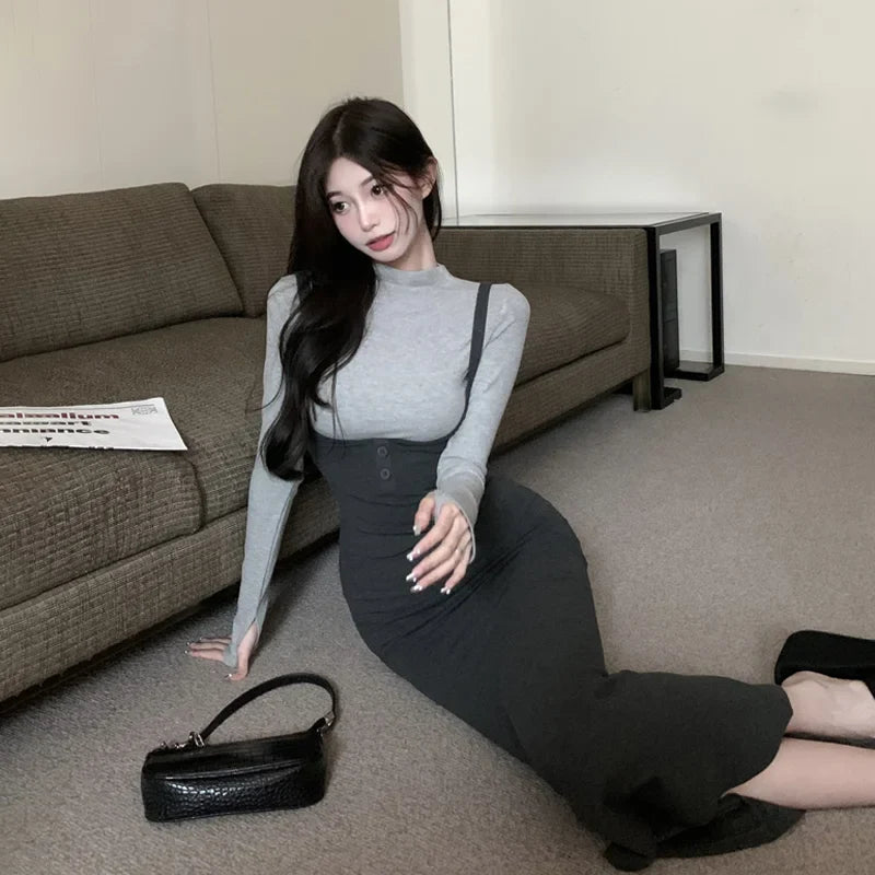 Aiertu DRESS TO IMPRESS Street Sexy Suspender Dress Women Autumn Winter Waist Tight Spice Girl Mermaid Skirt Bottom Long Sleeve T-Shirt 2 Piece Set Aiertu