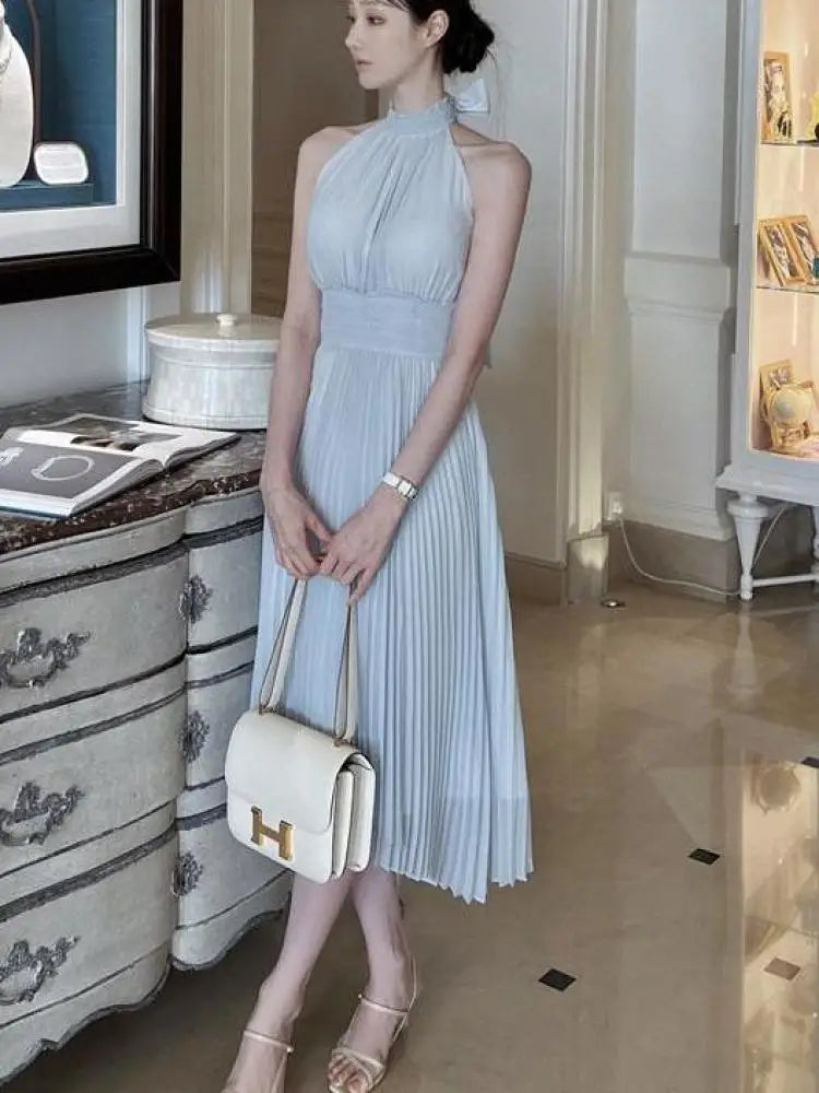 Aiertu Summer Halter Chiffon Bandage Long Dress Casual Dresses Blue Sexy Strapless New Pleated Sundress Vacation Clothes For Women Aiertu