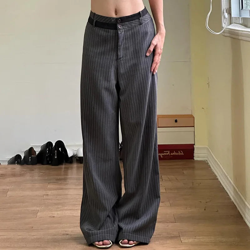 AIERTU  -  Y2K Contrast Waistband Striped Pants Loose Straight Leg Hanging Casual Woven Versatile for Women Summer Aiertu