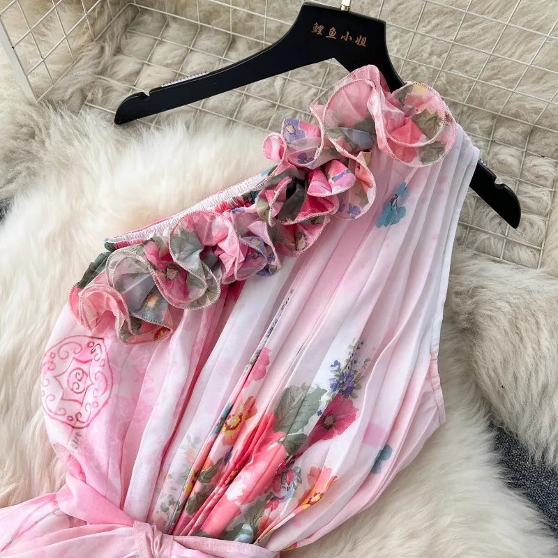 Chic Fashion Women Summer Floral Print Ruffles Skew Collar Off Shoulder Dresses Slim Elegant Pleated Vestidos Mujer Aiertu