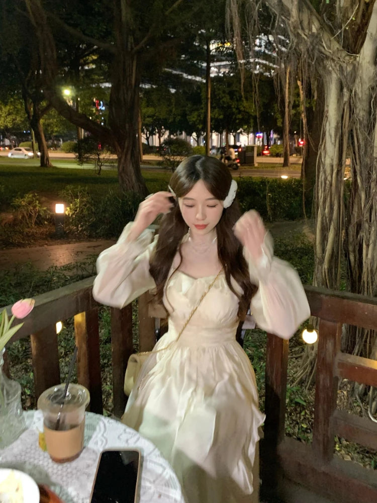 Aiertu Solid Elegant Fairy Dress Women Flare Sleeve Sweet Princess Midi Dress Ladies High-waisted Chic Evening Party Dress Summer Aiertu