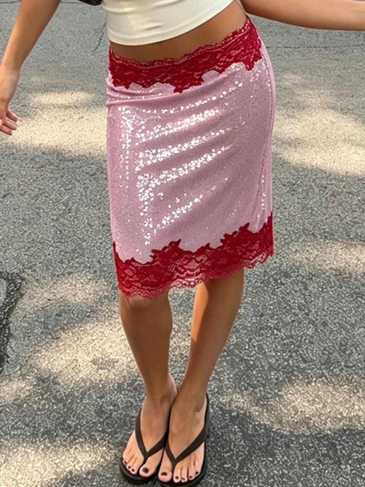 AIERTU  -  Women Sequin Lace Midi Skirt High Waist White Lace Trim Bodycon Pencil Skirt Light Slim Fit Skirt Elegant Party Nightclub Bottom Aiertu