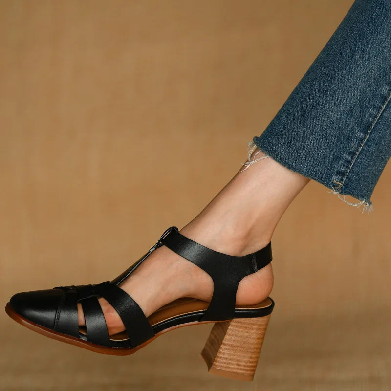 Aiertu Summer Sandals Female Retro Sandals Buckle Strap Womens Pumps Cowhide Ladies Shoes Spring Autumn Gladiator Sandal Roman Style Aiertu