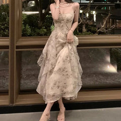 Aiertu Elegant Holiday Dresses for Women Long Floral Chiffon Midi Dress Sleeveless Vintage Dress Fairy Slim Party Casual aiertu