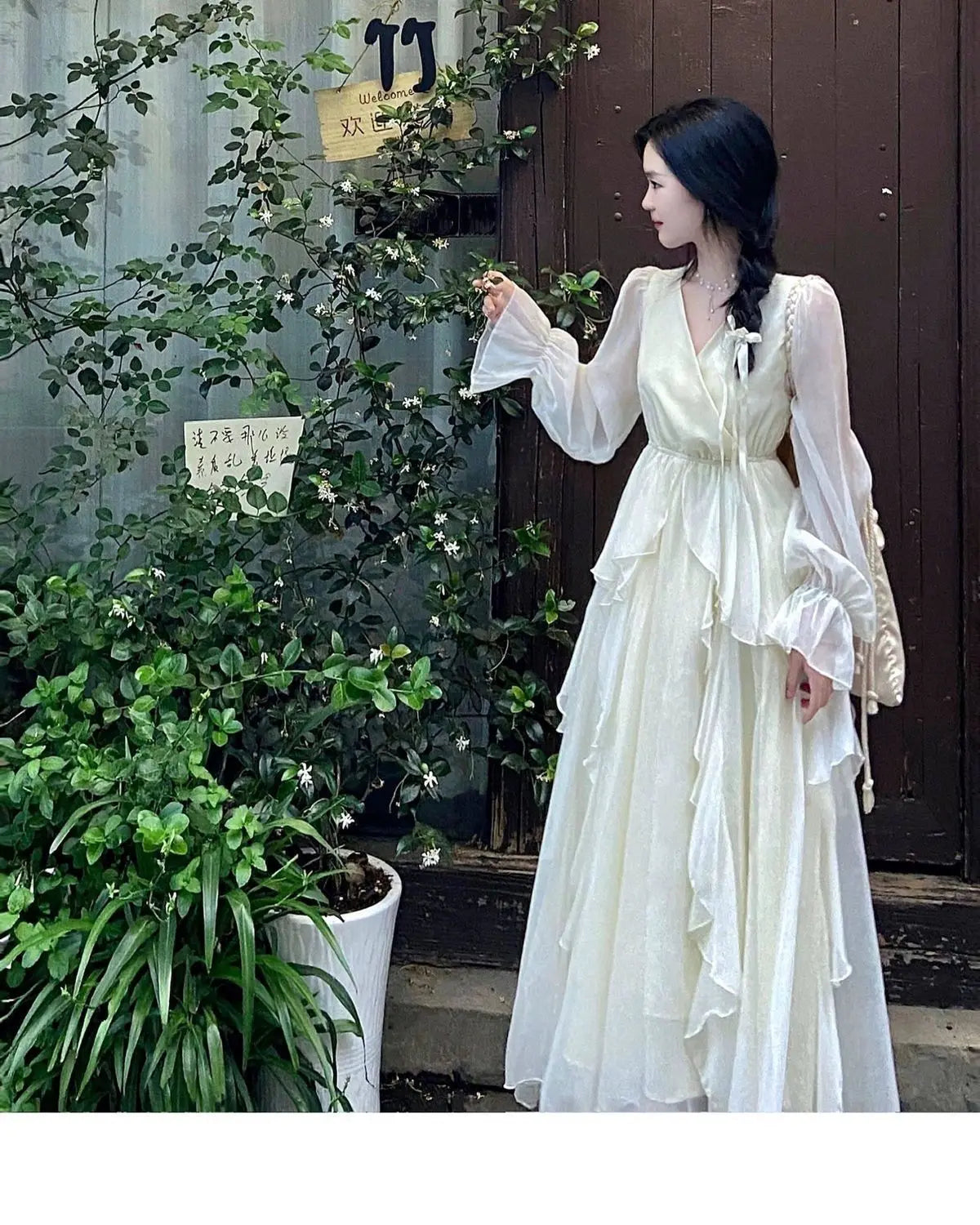 AIERTU  -  Spring/summer Women's New Milky White French First Love Long Skirt Fairy Skirt Gentle Style V-neck Slimming Drape Dress Aiertu