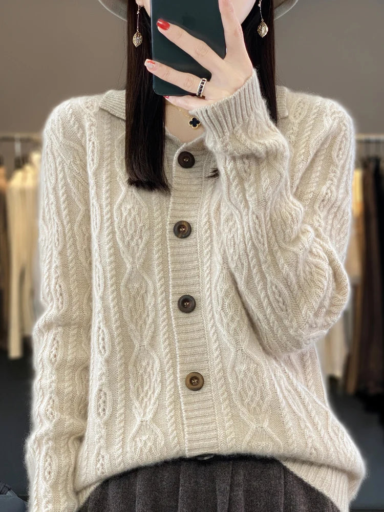 Autumn Winter Coat Women Turn-down Collar Cardigans Sweater 100% Merino Wool Knitwear Loose Twist Flower Cashmere Clothing Tops Aiertu