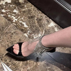 AIERTU  -  Sexy Rhinestore Tassel Super High Heel Sandals Women Summer 2026 Black Pointed Toe Sandals Luxury Stiletto Nightclub Shoes Mujer Aiertu