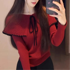 AIERTU  -  Women's New Autumn Winter Red Knit Sweater Tie Collar Off-Shoulder Slim Fit Atmospheric Elegant Top Aiertu