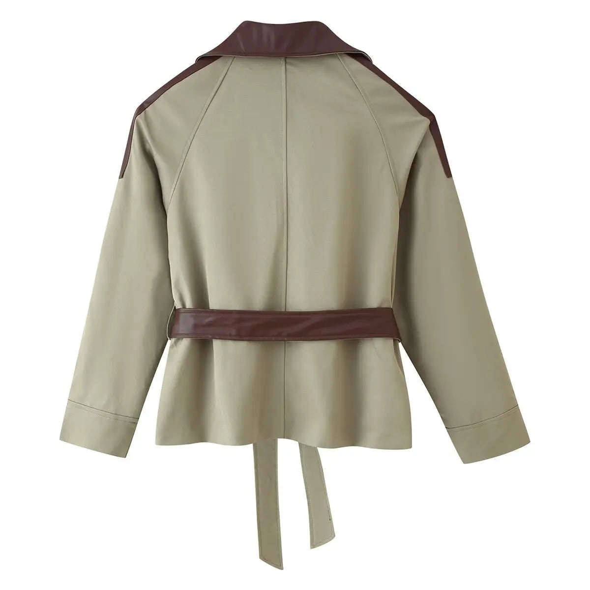 AIERTU  -  Autumn Women Khakigreen Spliced Faux Leather Lapel Safari Coat Tie Bow Sashes Waist Single-breasted Buttons Jacket Outerwear Aiertu