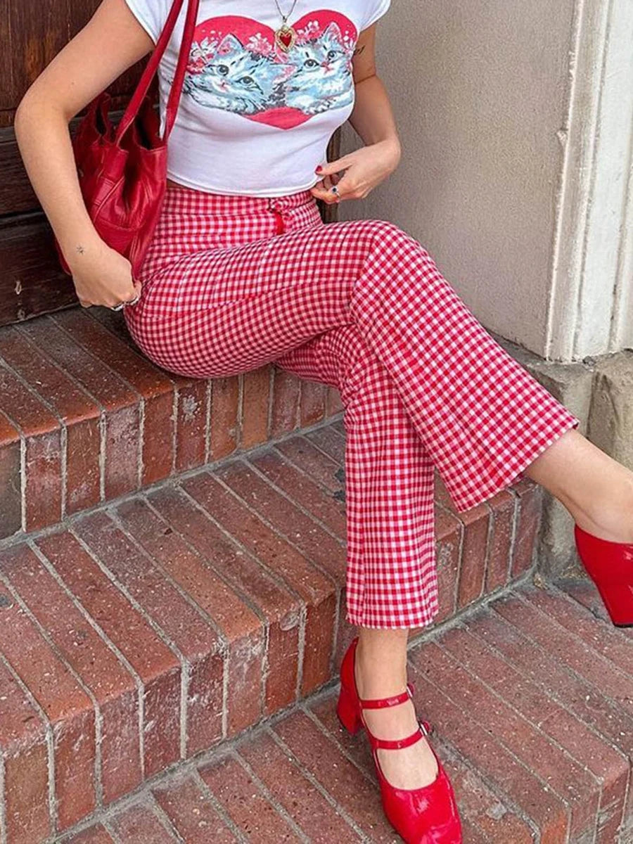 Aiertu Women Red Gingham Straight Leg Flare Pants High Waist Plaid Checkerboard Printed Y2k Vintage Trousers Summer Streetwear Aiertu