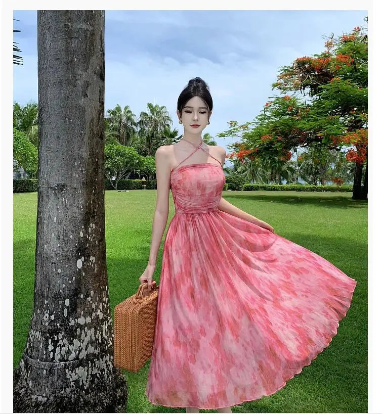 Aiertu French Pink Print Elegant Vacation Long Dresses 2024 Summer New Birthday Evening Party Women Clothes Fashion Sundress Ladies New Aiertu