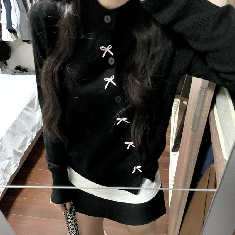 Aiertu Korean Style Sweet Bow Knitted Cardigan Women Elegant Black Sweaters Kawaii Irregular Long Sleeve Cardigan Aesthetics Aiertu