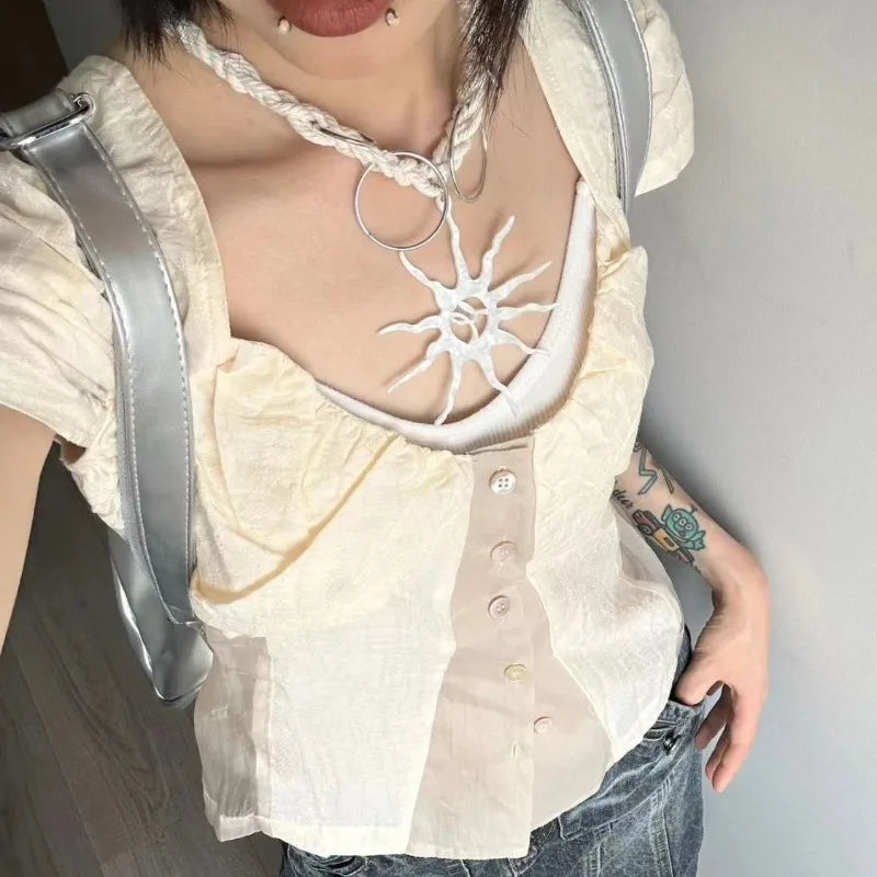 Aiertu Y2K Vintage Women's Blouse See Through Short Sleeve Slim Shirts Japanese 2000s Style Summer Gyaru Streetwear Cardigan Aiertu
