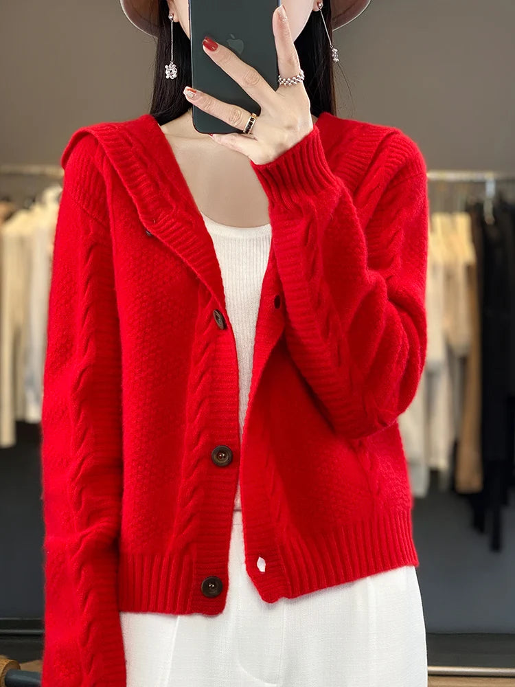 Women's Cardigan Autumn Winter High Quality Soft 100% Merino Wool Sweater Twist Flower Cashmere Knitted Hoodie Korean Aiertu