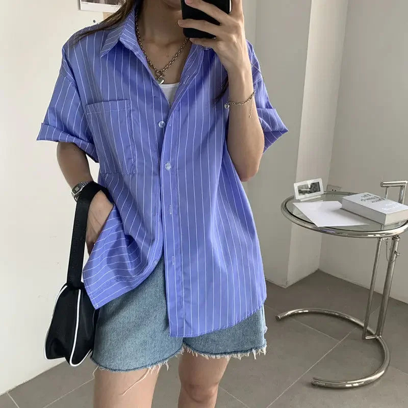 Aiertu Shirts Women Blue Striped Loose Harajuku Long Sleeve Casual Spring Tops Students All-match Fashion Simple Korean Ulzzang Chic BF aiertu