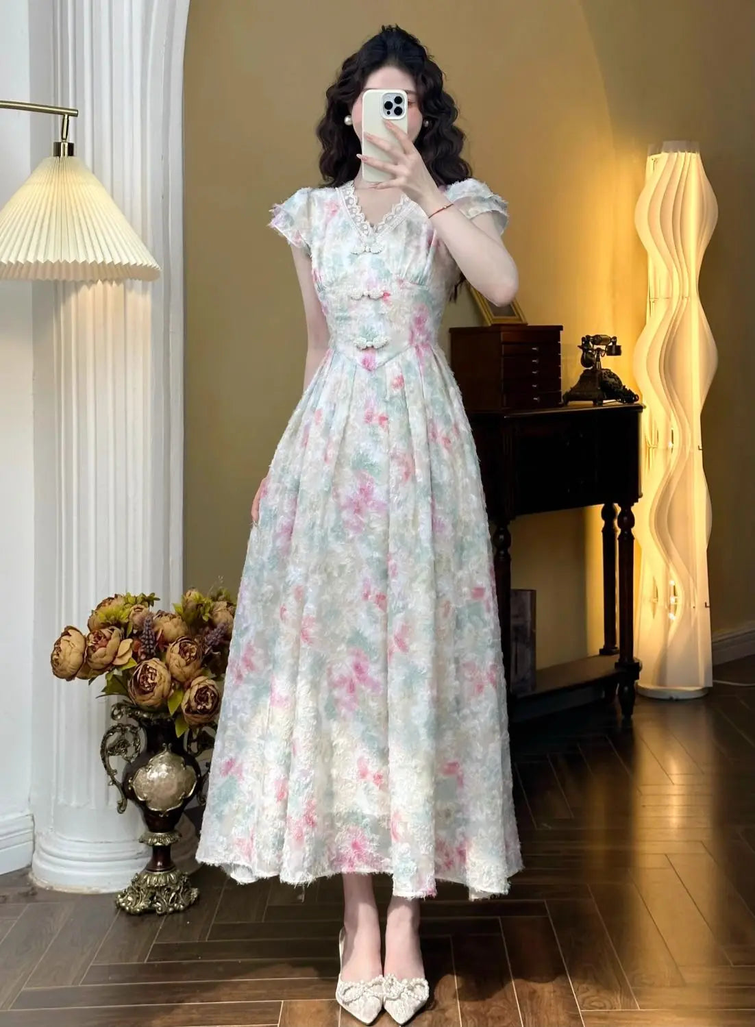 Aiertu Sweet Elegant Long Floral Dress Women Casual Vintage Lace Korean Fairy Dress Female 2024 Summer Beach Luxury Evening Party Dress Aiertu