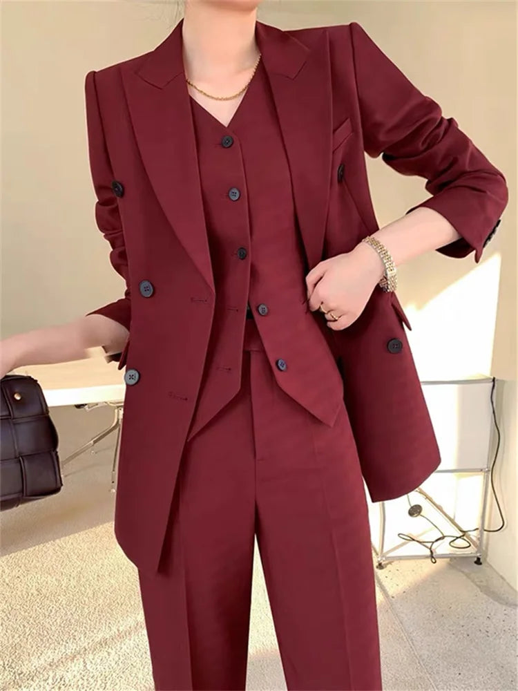 Aiertu Burgundy Suit Set Women Spring Office Ladies Lapel Single Breasted Vest Wide Leg Pants Blazer Three Piece Set Aiertu
