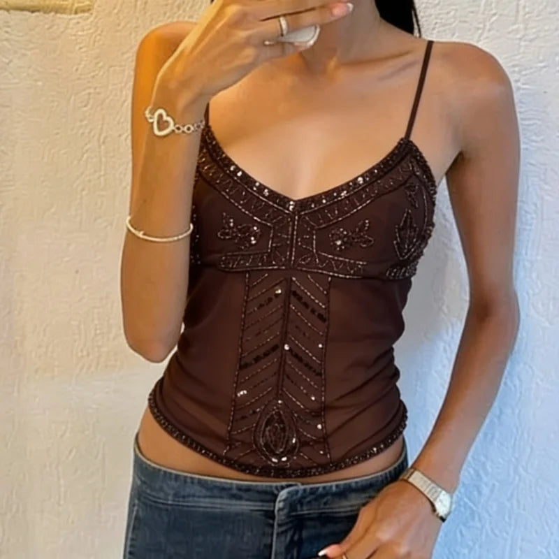 AIERTU  -  Summer Women Y2K Sheer Mesh Tank Top Sequinned Camisole Slim Fit V Neck Spaghetti Strap Going Out Tops Streetwear Aiertu