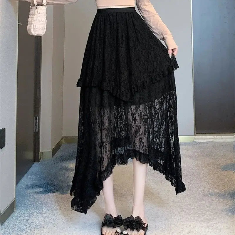 Aiertu Lace Fairycore Tulle Women Skirt Sweet Ruffle White Skirts Vintage Korean Style Streetwear Patchwork Irregular Skirt Aiertu