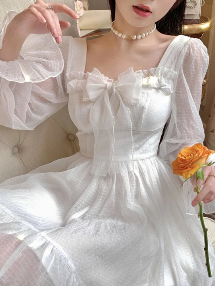 Aiertu White Kawaii Dress Women Chiffon Lolita Style Long Sleeve Mini Dresses Bow Fairy Robe Ruffles Patchwork Square Collar Aiertu