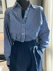 Aiertu Blue Striped Shirts for Women Spring Korean Loose Button Up Turn Down Collar Long Sleeve Tops Casual Blouses Aiertu
