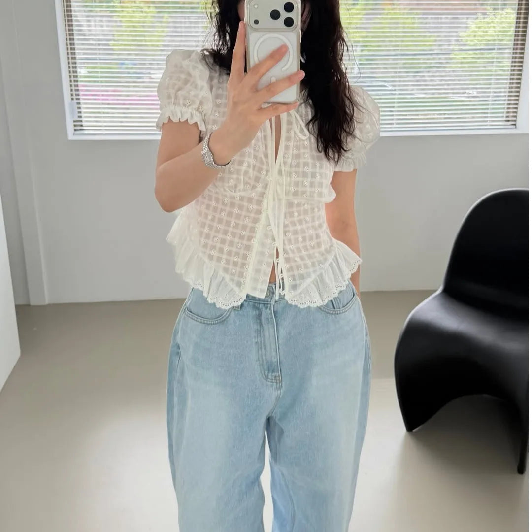 AIERTU  -  Elegant V-Neck Single-Button Embroidered Floral Pattern Women's Shirt Stylish Korean Style Top for Summer Fashionable Aiertu