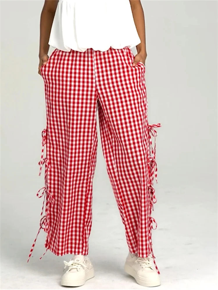 AIERTU  -  Women Plaid Wide Leg Pants Side Tie-Up Hollow-Out Loose Straight Trousers Bottoms Spring Summer Fashion Casual Sweatpants Aiertu