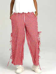 AIERTU  -  Women Plaid Wide Leg Pants Side Tie-Up Hollow-Out Loose Straight Trousers Bottoms Spring Summer Fashion Casual Sweatpants Aiertu