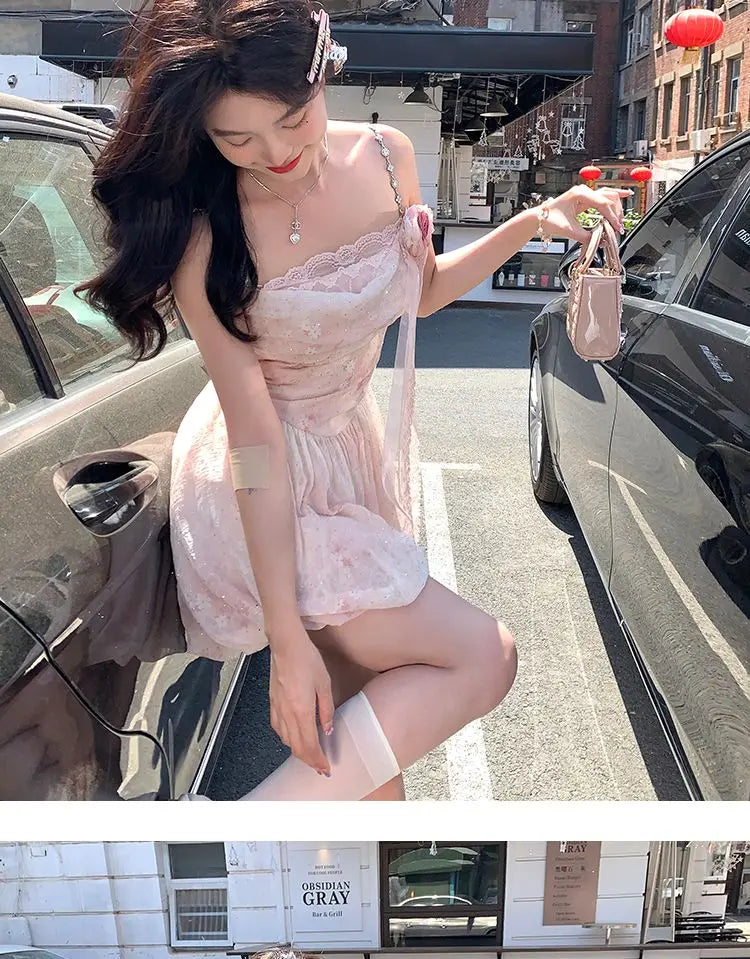 Aiertu Elegant Sleeveless Strap Mini Dress Women Beach Style Lace Dress Even Party 2024 Summer Vintage One Piece Dress Korean Fashion Aiertu