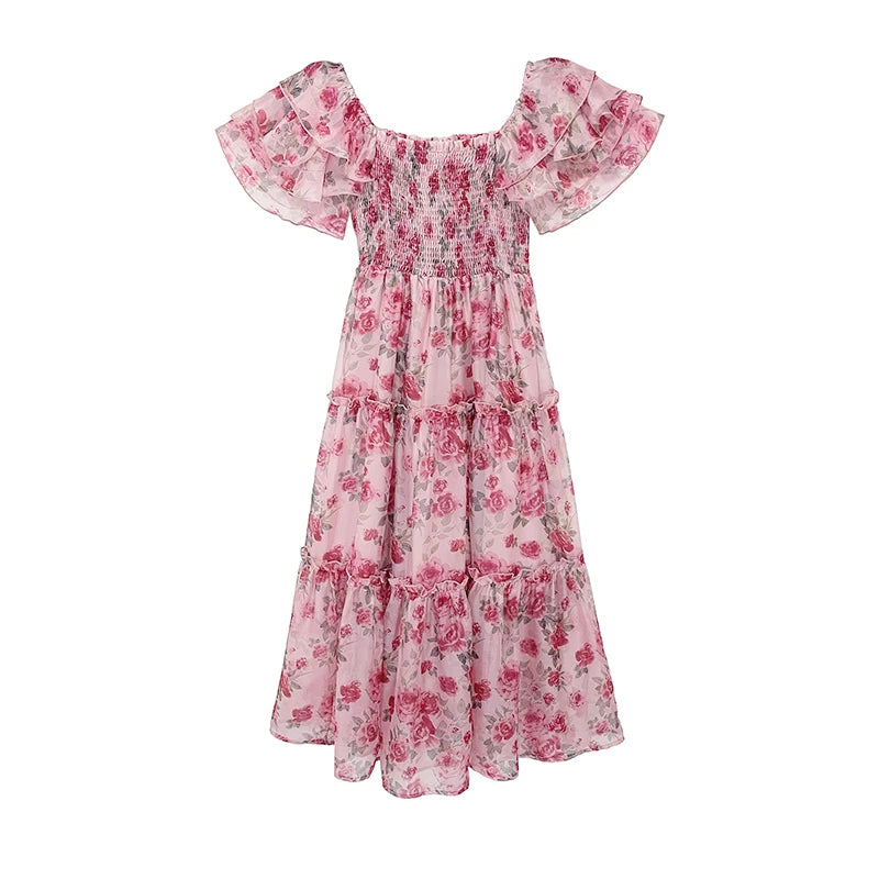 Aiertu Summer New Square Collar Pleated Long Dress French Style Butterfly Sleeve Elegant Sweet Print Dress Female Fashion Night Party Aiertu