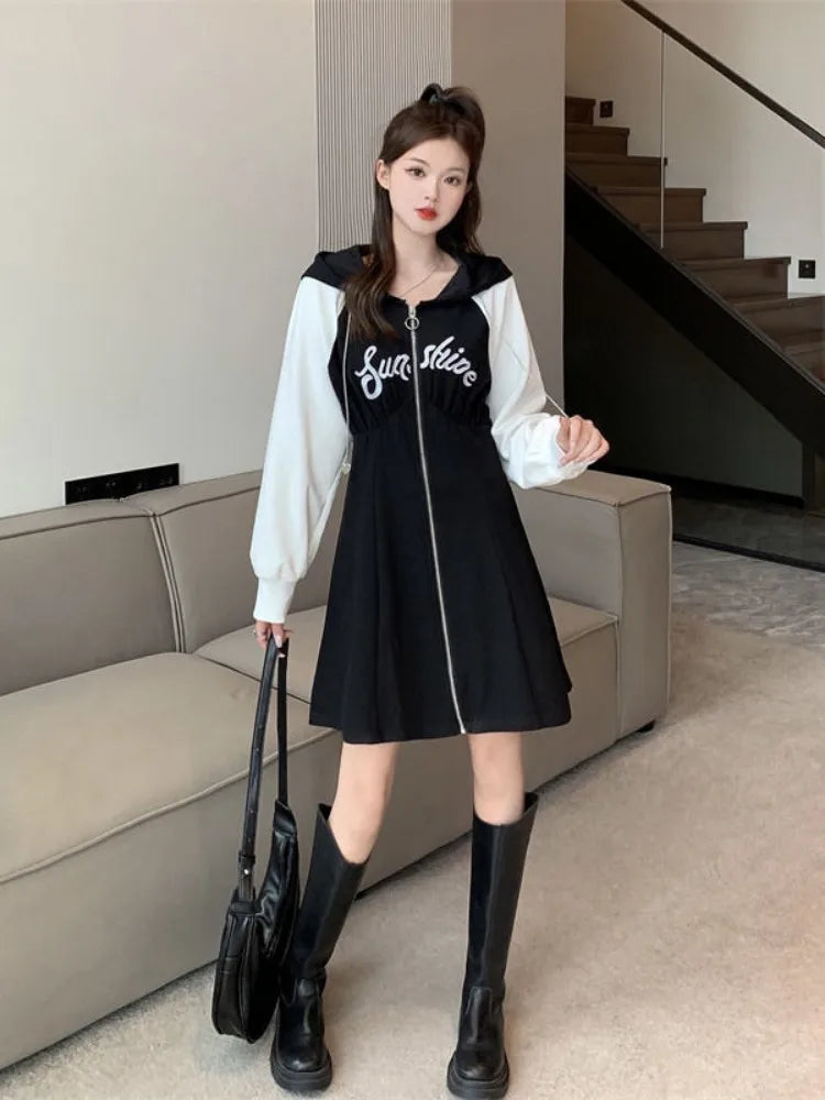 Aiertu Korean Style Oversize Hooded Dress Women Preppy Style School Student Casual Letter Sport Mini Short Dresses Autumn Aiertu
