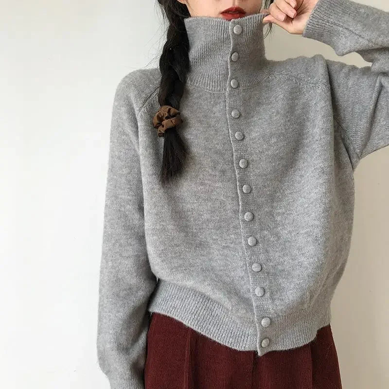 AIERTU  -  Women's High Neck Knit Cardigan Autumn Solid Color Single Breasted Sweater Outerwear Woman Soft Cashmere Knitwear Aiertu