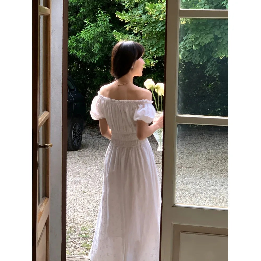 AIERTU  -  Retro Korean Style U-Neck Bubble Sleeve White Dress Women's Summer New Waist Cinched Maxi Freshwater Pearl Dress Aiertu