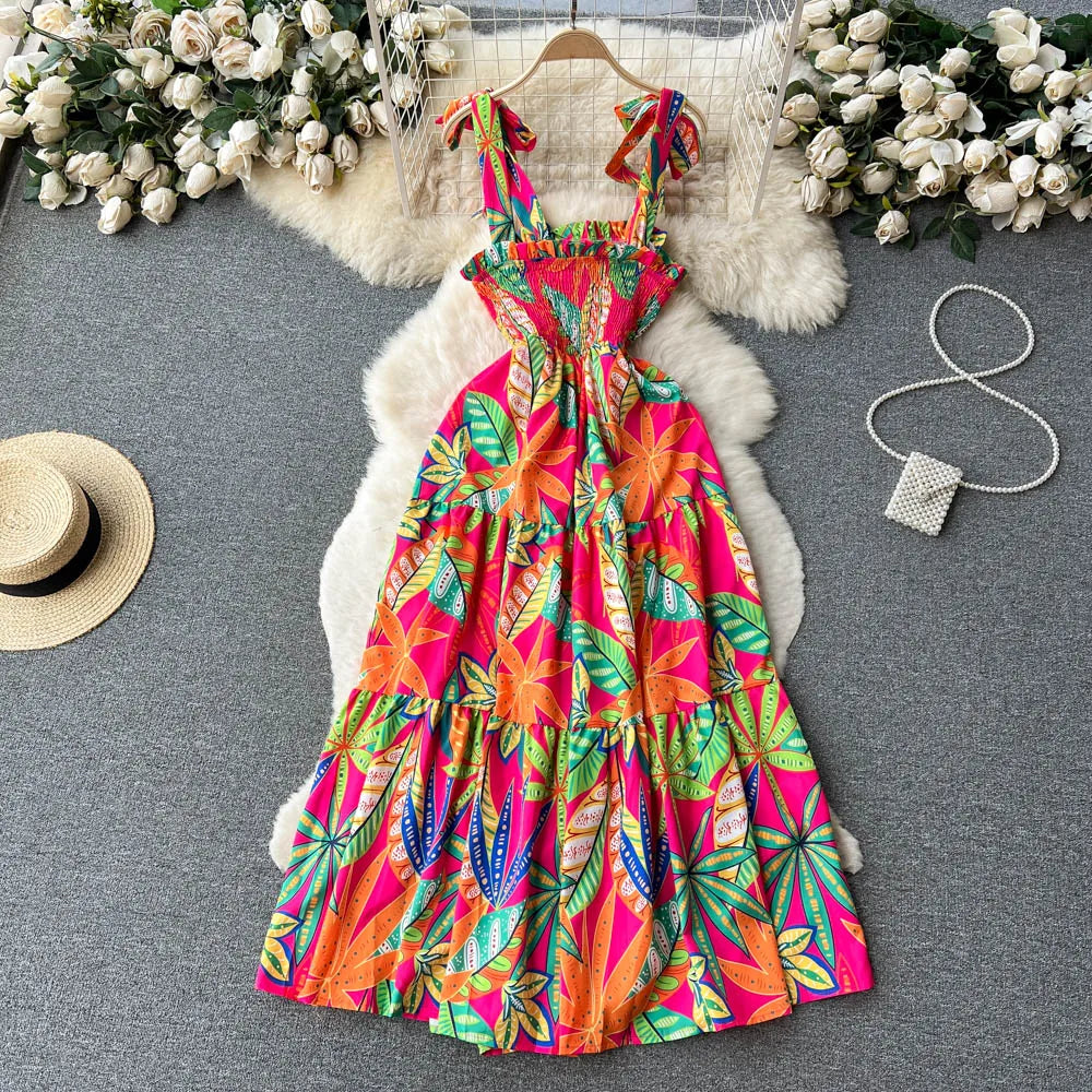 Aiertu Summer Vacation Spaghetti Strap Long Dress Women Sleeveless Ruched Elastic Backless Dress Floral Print Beach Sundress Aiertu