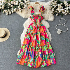 Aiertu Summer Vacation Spaghetti Strap Long Dress Women Sleeveless Ruched Elastic Backless Dress Floral Print Beach Sundress Aiertu