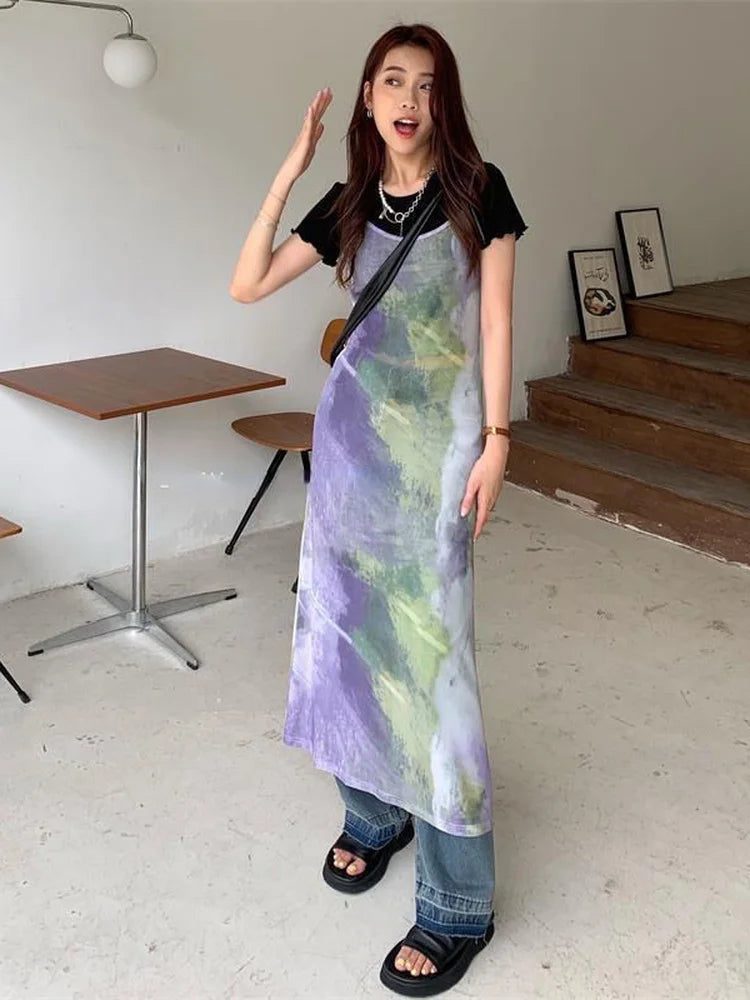 Aiertu Vintage Tie Dye Print Mesh Dress Women Sexy Y2k Spaghetti Strap Maxi Dresses Korean Fashion 2 Piece Set Robe Vestidos Aiertu