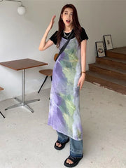 Aiertu Vintage Tie Dye Print Mesh Dress Women Sexy Y2k Spaghetti Strap Maxi Dresses Korean Fashion 2 Piece Set Robe Vestidos Aiertu